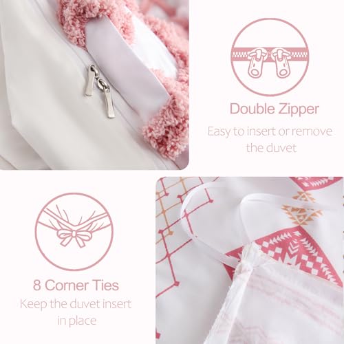 Image of MOVE OVER Tufted Duvet Cover King Size 100% Cotton Boho Duvet Cover Set 3 Pieces Blush Pink Textured Bedding Set with Zipper Closure and Ties Soft Farmhouse Geometric Tufted Comforter Cover