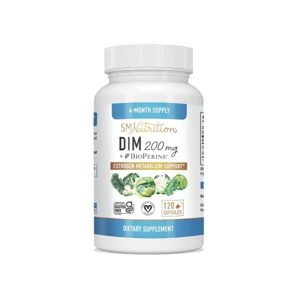 DIM Supplement 200 mg | Estrogen Balance for Women & Men | Hormone Balance, Hormonal Acne Supplements, Menopause Support, Antioxidant Support | Non-GMO, Vegan, Soy Free | 120 Count by SM Nutrition