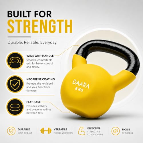 Image of DAARA Half Coating Neoprene Kettlebell, 8kg Yellow Cast Iron Kettle Bell with Non-Slip Grip Handle for Strength Training, Home Gym Workout Equipment for Men & Women (Proudly Made in India)