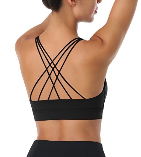 LEXISLOVE Strappy Sports Bras for Women Criss Cross Back Medium Support Workout Yoga Padded Sports Bra with Removable Cups Black XXL
