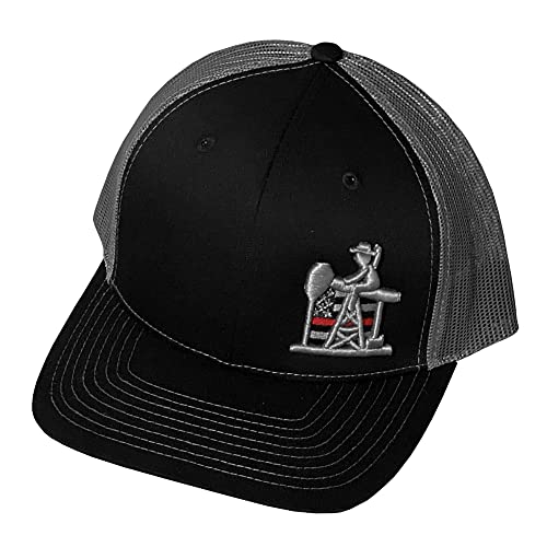 Oil Field Hats Pumpjack Cowboy Adjustable Mesh Back Snapback Hat (The Thin Red Line - Black/Charcoal) Oil Field Hats Pumpjack Cowboy Adjustable Mesh Back Snapback Hat (The Thin Red Line - Black/Charcoal)