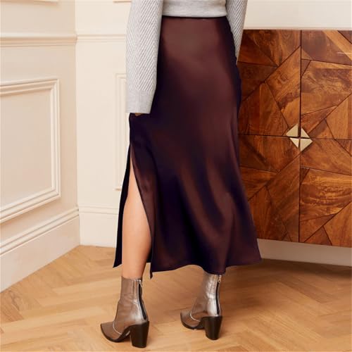 crazynekos Womens Satin Silk High Waist Slit Long Skirt Elastic Waistband Midi Skirts2