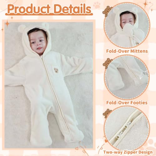Image of Fairy Baby Newborn Baby Bear Outfit With Fold-Over Mittens Footies Thin Fleece Romper Hooded Jumpsuit Winter Coat Girls Boys
