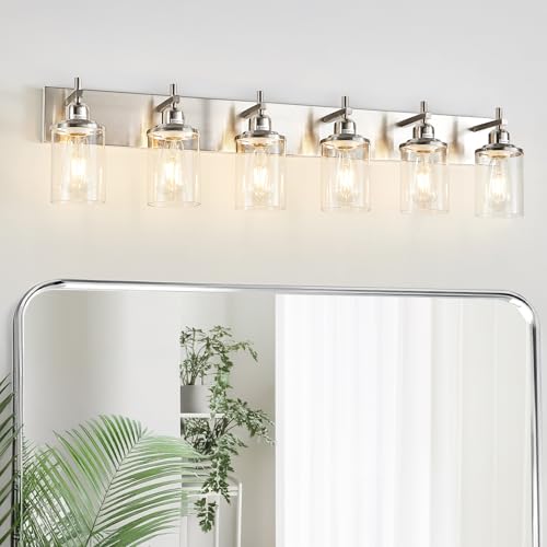 Lanhall 6-Light Brushed Nickel Bathroom Light Fixture Over Mirror Modern