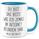 Tasse personalisiert Freund Freundin Geschenk Du bist das beste Geschenkidee Partner Ehefrau Ehemann Kaffeetasse mit Spruch liebevoll Dating-App Jahrestag Jubiläum eigene Namen (Weiß/Blau)