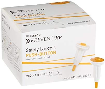 McKesson Prevent HP Safety Lancets, Sterile, Push-Button, 25 Gauge Needle, 1 mm, 100 Count, 1 Pack
