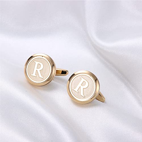 LOYALLOOK Initial Gold Cufflinks for Men Gold Cuff Links Personalized Copper CuffLinks Letter Cufflinks Gift for Groom Husband Father Initial R