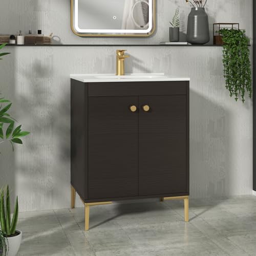 Image of Royal Bathrooms Verona 600mm Floor Standing Vanity Unit Ceramic Basin 2 Door Cabinet Furniture Walnut Woodgrain with Brushed Brass Knob