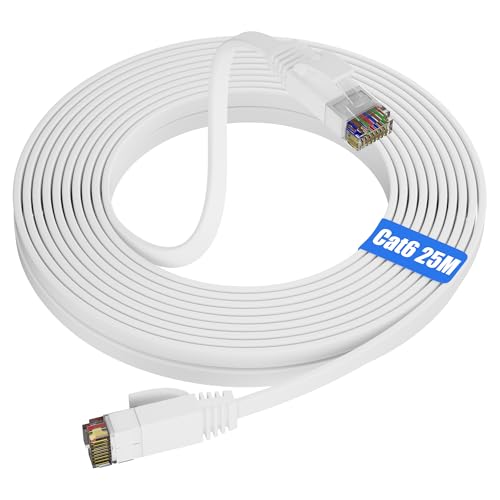 LAN Kabel 25 Meter, Cat 6 Netzwerk-Patchkabel, Gigabit Ethernet Hochgeschwindigkeit 1000Mbps, D&uuml;nn WiFi Flach Wei&szlig; Internetkabel Au&szlig;en f&uuml;r Router Modem (25 Clips)