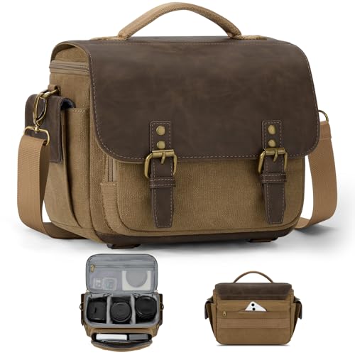 RAINSMORE Sac Appareil Photo, Sacoche Appareil Photo Reflex DSLR/SLR, Sac Photo avec Housse de Pluie, Sac Photographe Bandoulière en Toile Style Vintage pour...
