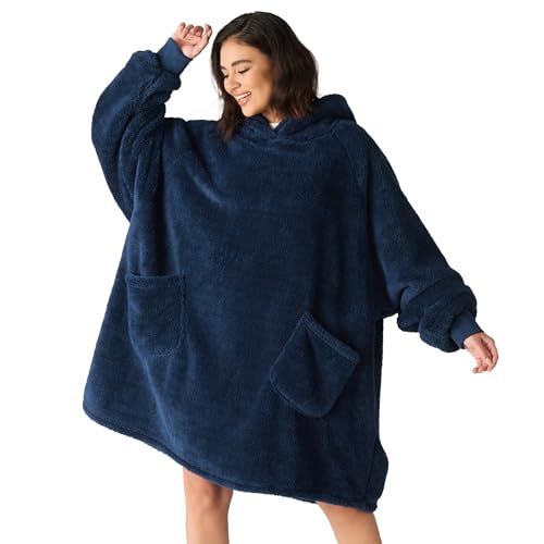 Bedsure Sherpa Wearable Blanket Hoodie — Plush Navy Adult