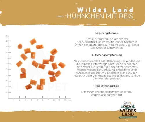 Wildes Land - Hundesnack - Hühnchen mit Reis 2x200g – Fleischsnack für Hunde & Katzen – Monoprotein & glutenfrei – 82 % Huhn – schonend luftgetrocknet – ohne Zucker & Zusatzstoffe