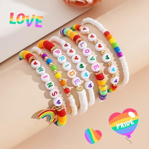 Artlunar LGBT Pride Bracelet for Bisexual Lesbian Gay& Allies Pride Love Wins Rainbow Colorful Beaded Clay Elastic Stackable Stretch Bracelet LGBTQ Celebration Gifts3