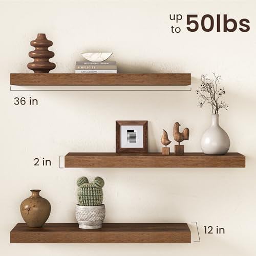 Image of 36Inch Floating Shelves for Wall, 12 Inch Deep Shelves for Bedroom, Kitchen, Bathroom Wall Mounted, Rustic Wood Floating Shelf with Invisible Brackets for Books, Storage, Decor, Rustic Brown, 2 Packs