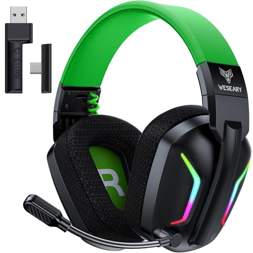 WESEARY Wireless Gaming Headset for PS5, PS4, PC, Laptop, Mac &amp; Switch, Dual Low-Latency 2.4GHz USB/Type-C, Bluetooth Gaming Headphones with ENC Mic for Gamecube, 3D Stereo,Colorful Light, 50H Power