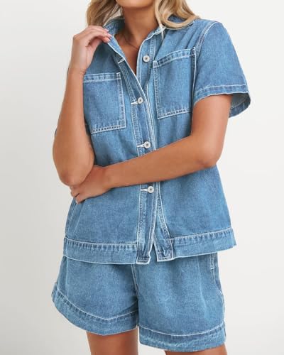 Image of Kedera Summer Denim Set for Women 2 piece Casual Short Sleeve Boxy Shirt Tops and Shorts Pants Lounge Sets Outfits
