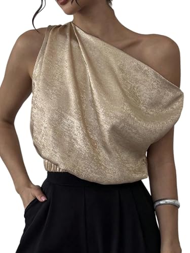SOLY HUX Women's Metallic Crop Tops Off The Shoulder Asymmetrical Neck Sleeveless Cocktail Party Blouses