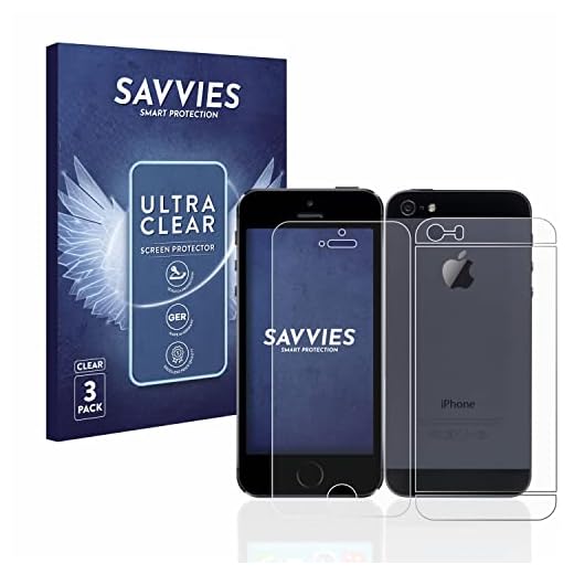 Savvies 6 Stück Schutzfolie für Apple iPhone 5 / 5S / 5C / SE 2016 (Vorder + Rückseite) Displayschutz-Folie Ultra-Transparent