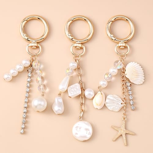 Yanwuwa Élégant Porte-clés de Coquillages et Perles pour Femmes, Élégant Porte-clés de Plage avec Charms d'Étoiles de Mer et Hippocampes, Accessoire de Clé pour Femmes, C, M – vue 2