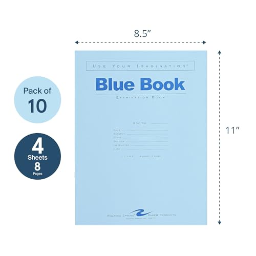 ROARING SPRING Exam Blue Books, 10 School Examination Booklets, 11" x 8.5", 4 Sheets/8 Pages, Wide-Ruled with Margin Student Testbook, Made in USA