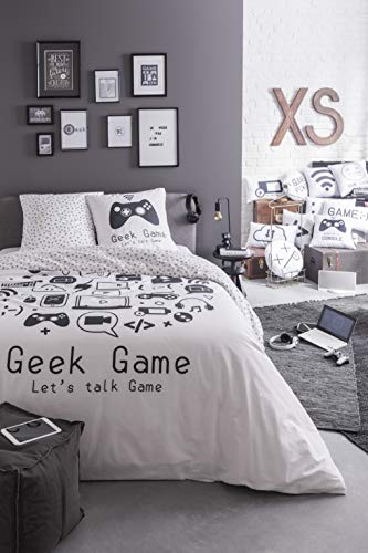 Parure ado - Housse de Couette 220x240 cm + 2 taies d'oreiller 63x63 cm - 100% Coton 57 Fils - Dessin Geek Game