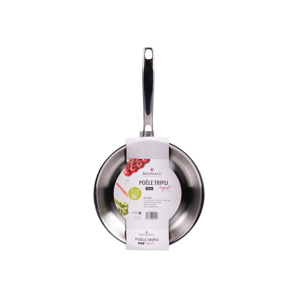 Baumalu, Patelnia TRIPLI PRO 24 cm ze stali nierdzewnej 18/10, 3-warstwowa patelnia zapewniająca optymalne odprowadzanie ciepła, kompatybilna z indukcją, gazową i elektryczną, ergonomicznie nitowany