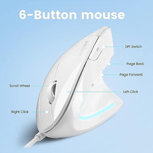 Image of Perixx PERIMICE-513W Wired Vertical Ergonomic Mouse - Natural Handshake Design, 6-Button USB-A, Adjustable 1000 /1600 DPI Optical Sensor, 1.8 m Cable, Right-Handed, White