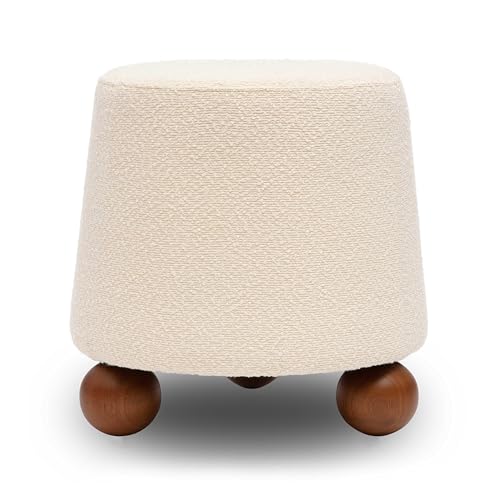 First of a Kind Living Room Ottoman in Cream Boucle - Modern Bedroom Ottoman with Spherical Solid Wood Legs - Fiber-Wrapped Foam - Easy Clean, Minimal Assembly