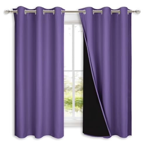 Image of NICETOWN 100% Blackout Curtains with Black Liners, Solid Thermal Insulated Full Blackout 2-Layer Lined Drapes, Energy Efficiency Window Draperies for Bedroom (2 Panels, 42 inch W by 63 inch L, Lilac Purple)