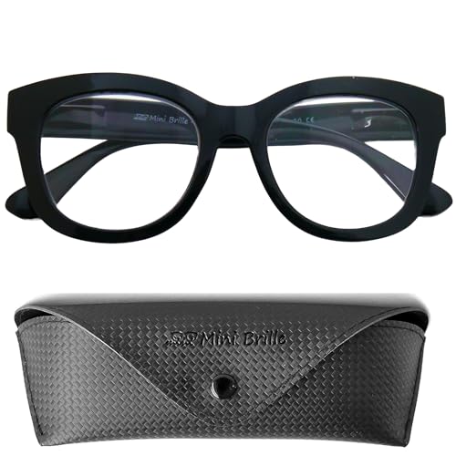 Mini Brille Gafas de Lectura Retro con Grandes Lentes Rectangulares, Funda incluye, Montura Gruesa el Plástico (Negra) con Bisagra de Resorte, Gafas Mujer +2.0 Dioptrías
