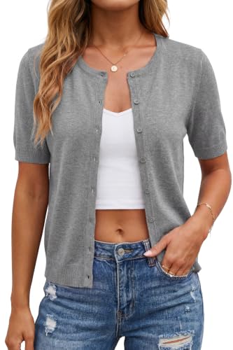 Image of Arach&Cloz Women's Wool Blend Cropped Lightweight Short Sleeve Summer Business Casual Cardigan Tops
