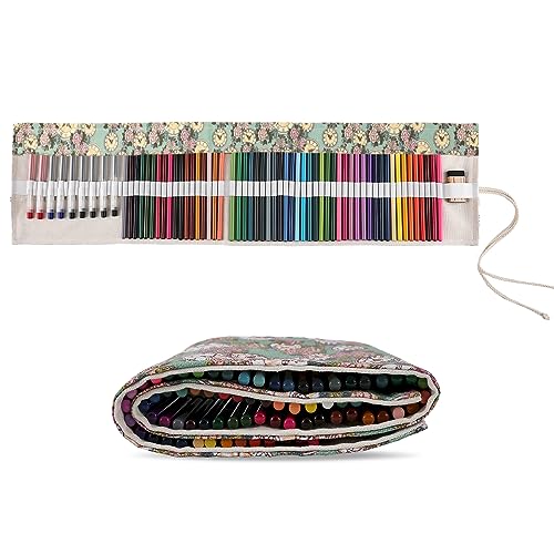 Image of Surblue Canvas Pencil Case Pencil Roll Wrap with 72 Slots Coloring Pencil Holder Organizer Paint Brush Storage Pouch Portable for Artist, Writer(Green Clock