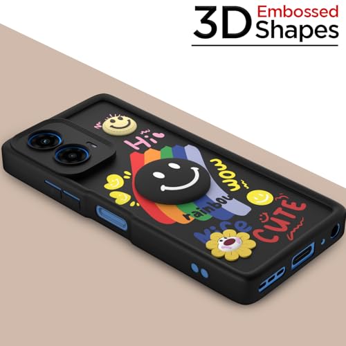 Image of Pikkme Back Cover for Motorola Moto G34 / G45 5G | Soft Silicone| Cute Rainbow Smile & 3D Cartoon Flower Design | Shockproof Raised Camera Protection Bumper Case (Black)