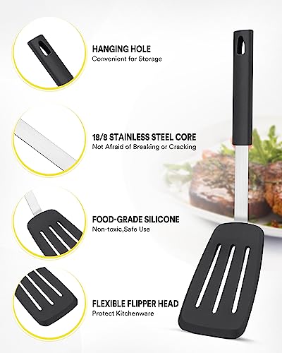 2 Pcs Silicone Solid And Slotted Spatulas Turners Set, Non-Stick Bpa Free High Heat Resistant Handy Kitchen Utensils For Cooking, Grill, Flipping Eggs, Fish, Pancake（Black） #TOP1