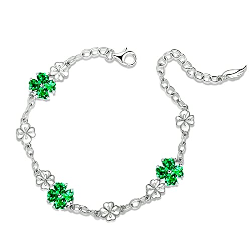 Image of JIANGXIN Lucky Four leaf clover 925 Sterling Silver Birthstone Chain Link Bracelet for Women Gemstone Jewelry Shamrock Birthday Gift 16+4cm