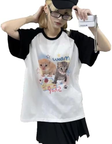 Women's Kawaii Cat Print T-Shirts Cartoon Letter Japan Style Kitten Short Sleeve Cute Print Tops Sweet Girl Y2k Tee Tops