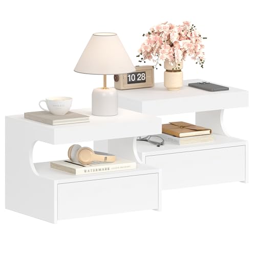Hzuaneri Comodino Sospeso Set di 2, 1 Cassetto con Guide, Spazio Aperto a Forma di U, Moderno, per Camera da Letto Soggiorno, 30 x 40 x 29,2 cm, Bianco NS50203X
