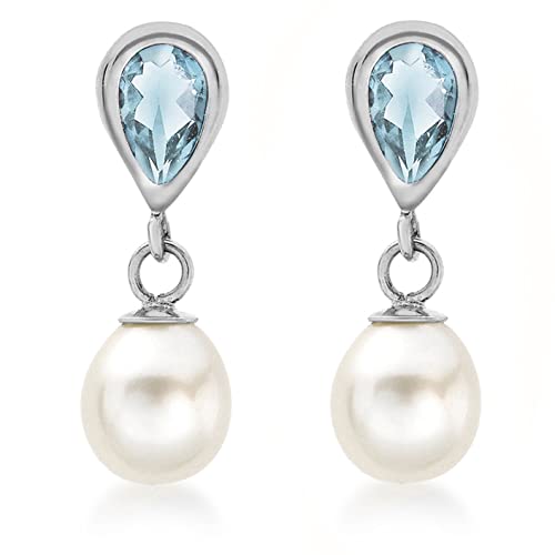 Image of CARISSIMA Women's 9 ct White Gold Blue Topaz and Fresh Water Pearl 6 x 18 mm Teardrop Earrings