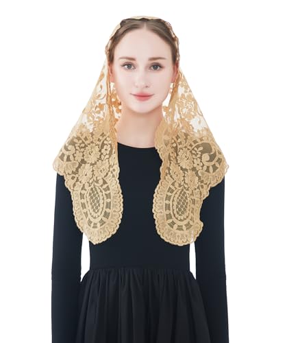 Wgior Embroidered Triangle Catholic Church Mantilla Veils Floral Lace Scarf Shawl Mass Chapel Veil (Beige) - Thumbnail 2