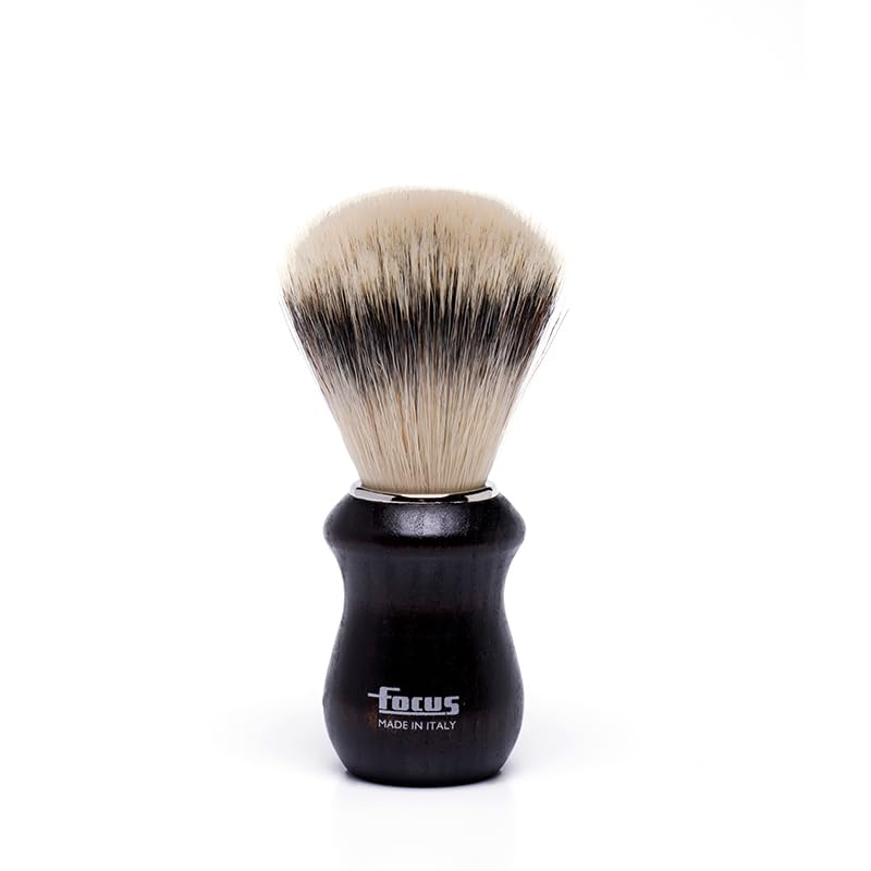 Pennello FOCUS da Barba Vegano, Setole Sintetiche imitazione Tasso di Alta Qualità, Manico in legno, Made in Italy