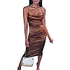 Velius Women's Sexy Spaghetti Strap Backless Lace up Bodycon Party Dress (Medium, Brown)