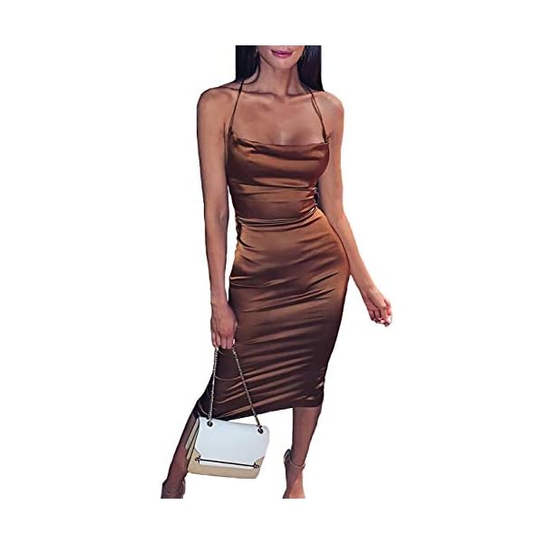 Velius Women's Sexy Spaghetti Strap Backless Lace up Bodycon Party Dress (Medium, Brown)