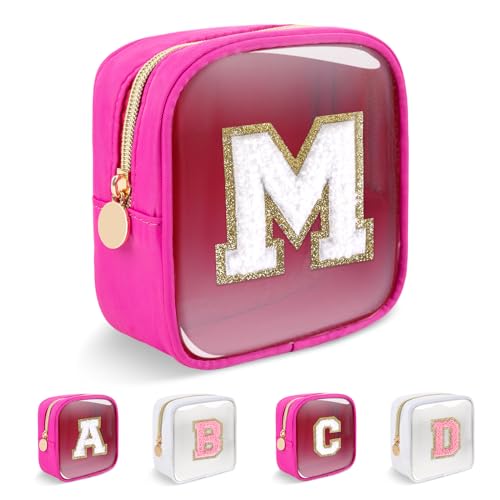 Personalized Initial Letter Clear Preppy Makeup Bag,Mini Nylon Chenille Letter Cosmetic Bag Cute Zipper Pouch Coin Purse for Teen Girls,Portable TSA Approved Travel Essentials Bag Gift for Women,M