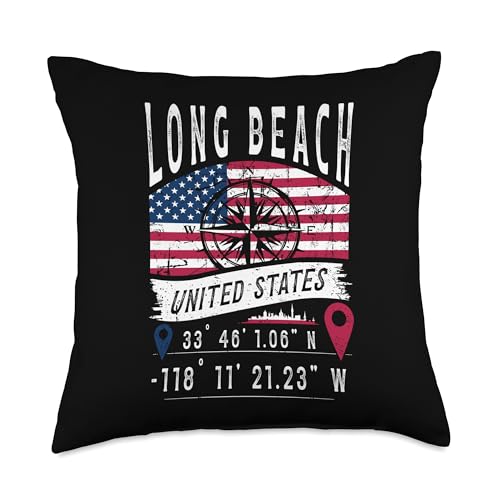 Long Beach United States Flag GPS Coordinates Long Beach Throw Pillow