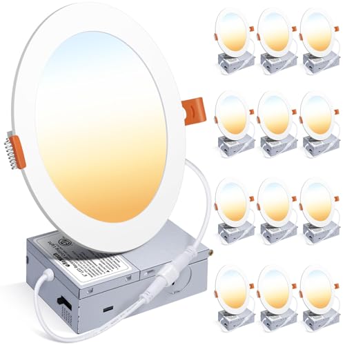 ROMECH 12 Pack 6 Inch Dimmable LED Recessed Ceiling Light with Junction Box, 2700K/3000K/3500K/4000K/5000K Selectable, 12W 1050LM Brightness, Ultra-Thin Canless Wafer Downlight, ETL&FCC