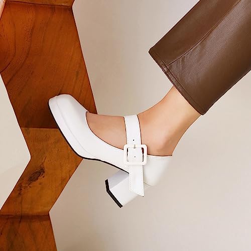SHEMEE Women's Square Toe Mary Janes Chunky Heels Platform Shoes Ankle Strap Buckle Block High Heel Dress Pumps4