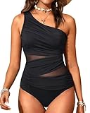 Aqua Eve Women Mesh One Piece Swimsuit - Tummy Control One Shoulder Bathing Suit Cut Out Swimwear 2025 Black Medium