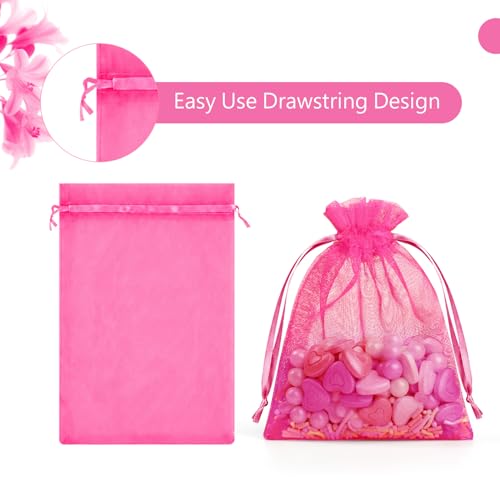 Image of FUNFERY 100 Pcs Hot Pink Organza Bags 3x4 in, Small Mesh Drawstring Gift Bags for Sachet, Jewelry, Candy, Wedding Favor, Easter Day