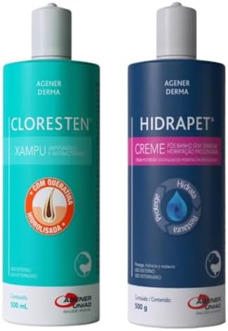 Kit Shampoo Cloresten 500ml e Hidrapet 500ml para Cães Banho e Hi...
