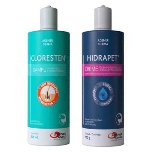 Kit Shampoo Cloresten 500ml e Hidrapet 500ml para Cães Banho e Hi...